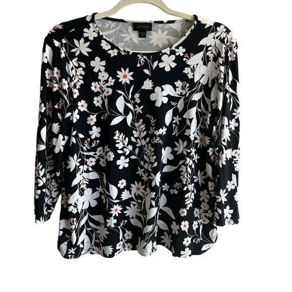 J Jill Wearever Knit Top Blouse Floral Black White Stretch Medium Petite‎ - Picture 4 of 9